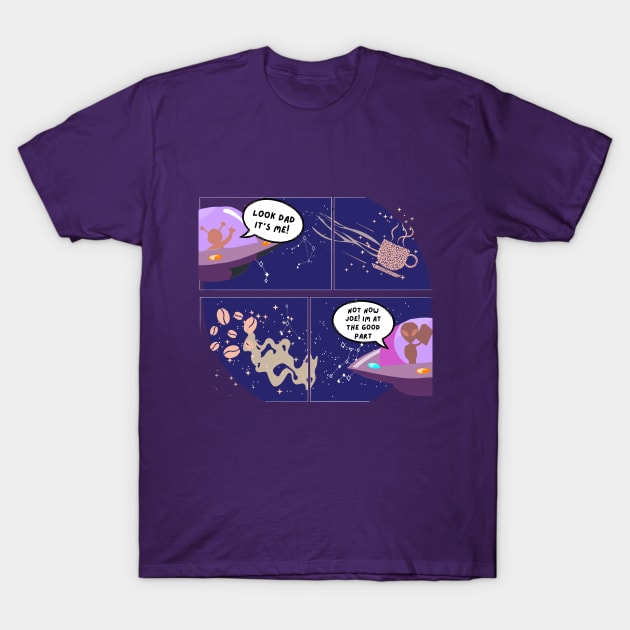 Coffee and reading - comic of an alien father reading a book as his son sees a coffee constellation T-Shirt by Haze and Jovial